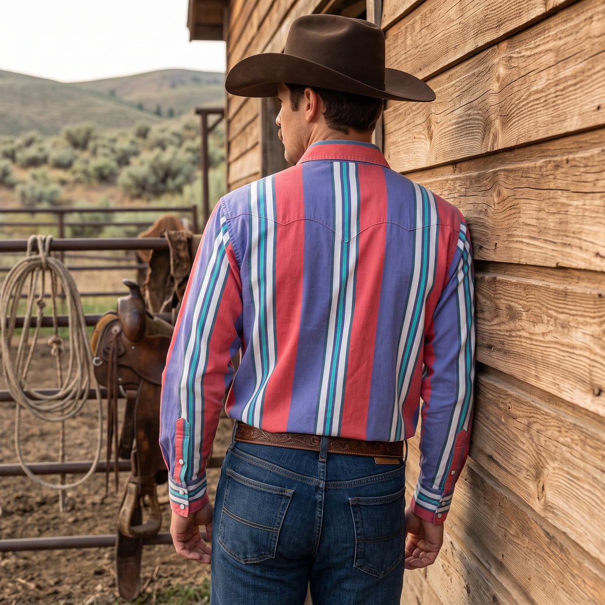 Back view showing single peak Western yoke on men's striped pearl snap shirt