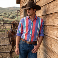 Men's Coral & Periwinkle Serape Stripe Pearl Snap Western Shirt