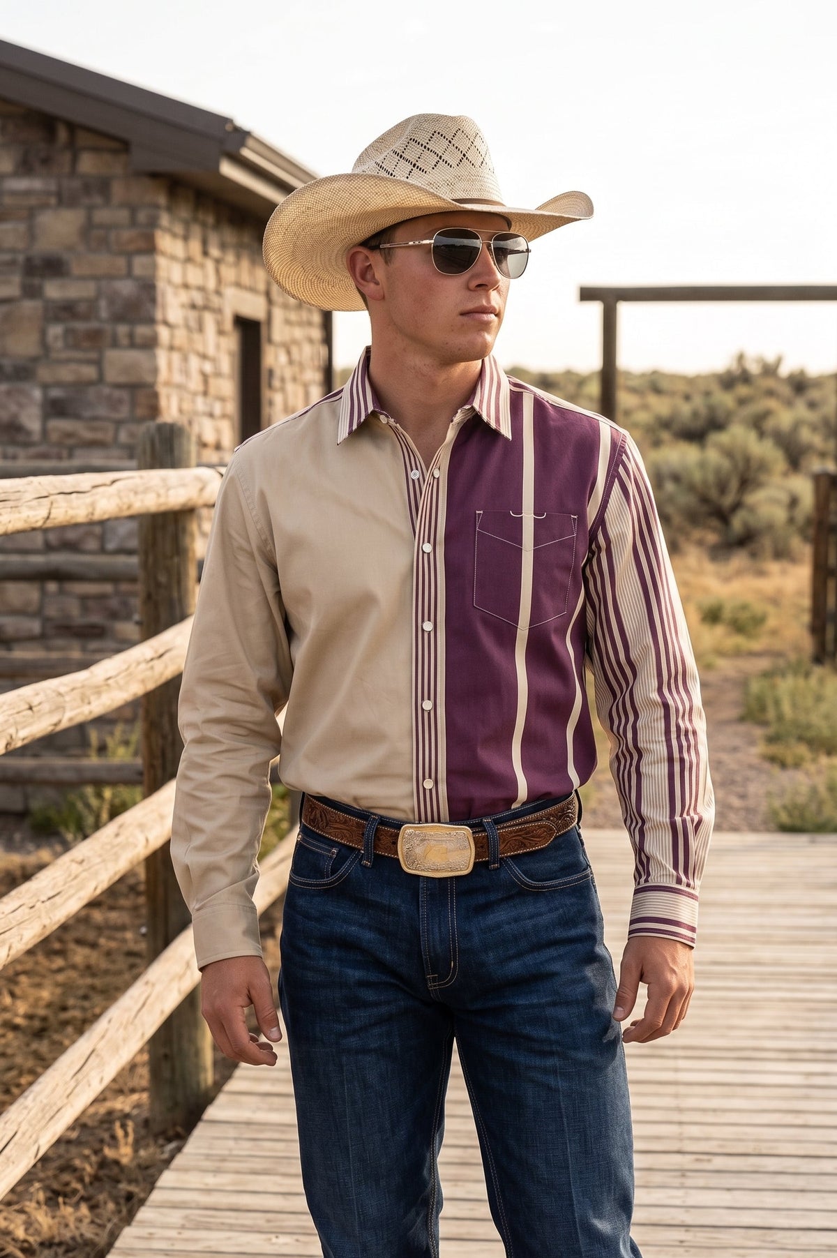 Front view of men's plum and tan colorblock pearl snap western shirt