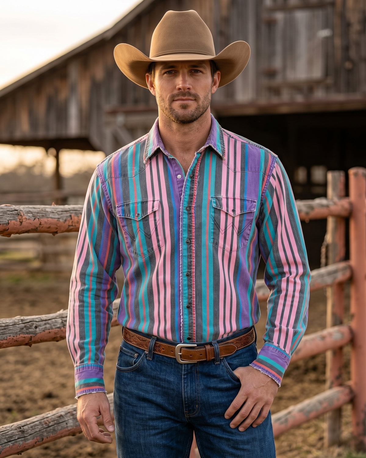 Front view of cowboy wearing Pecos Western purple, pink, and teal striped pearl snap shirt by ranch corral