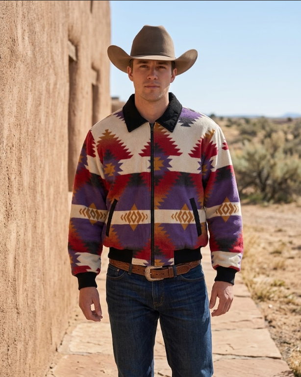 Front view of men's purple Southwestern geometric bomber jacket with black contrast collar, full zip closure, and welt pockets