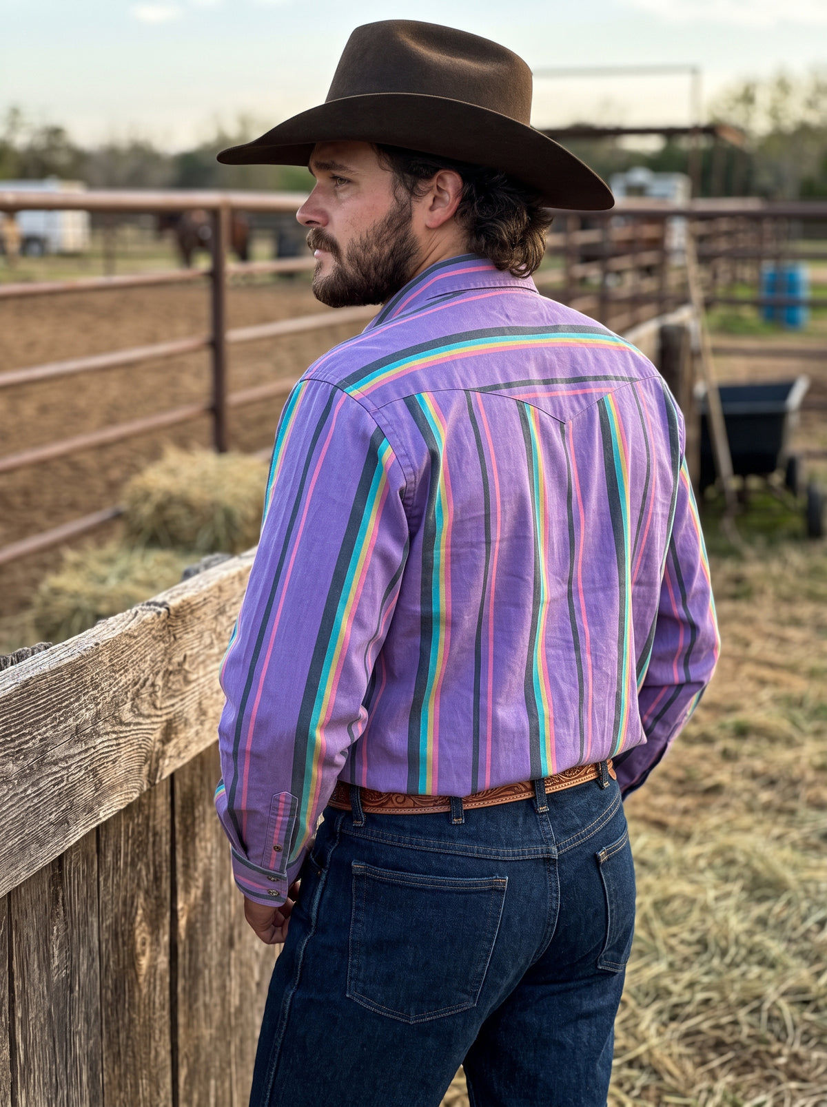 Single-point back yoke on men's purple striped western shirt