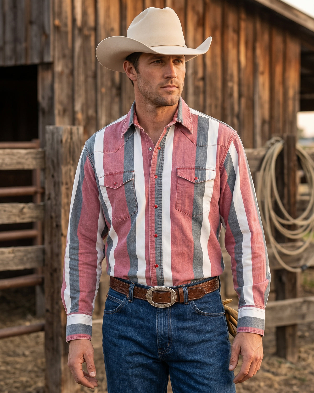 Front view of men's red and grey striped long-sleeve pearl snap Western shirt