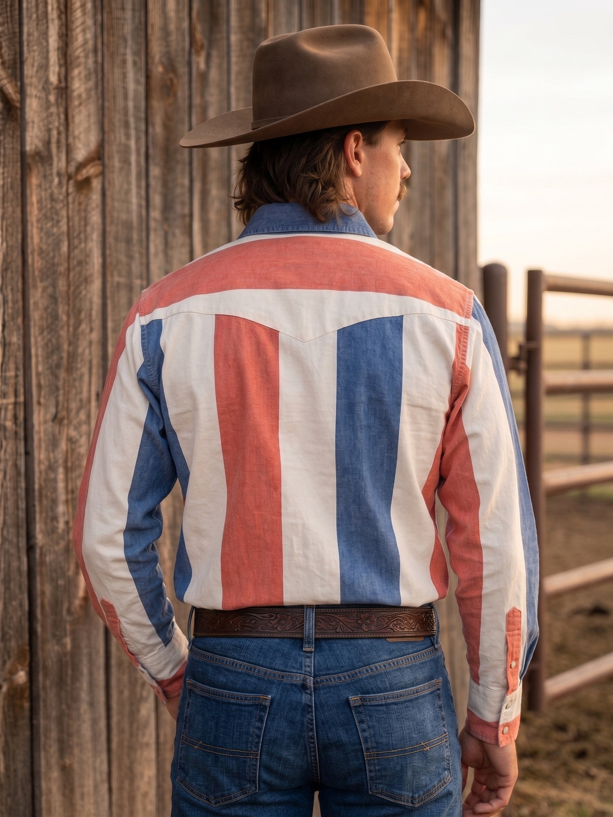 Back view of men's red white and blue striped Western shirt showing pointed Western yoke