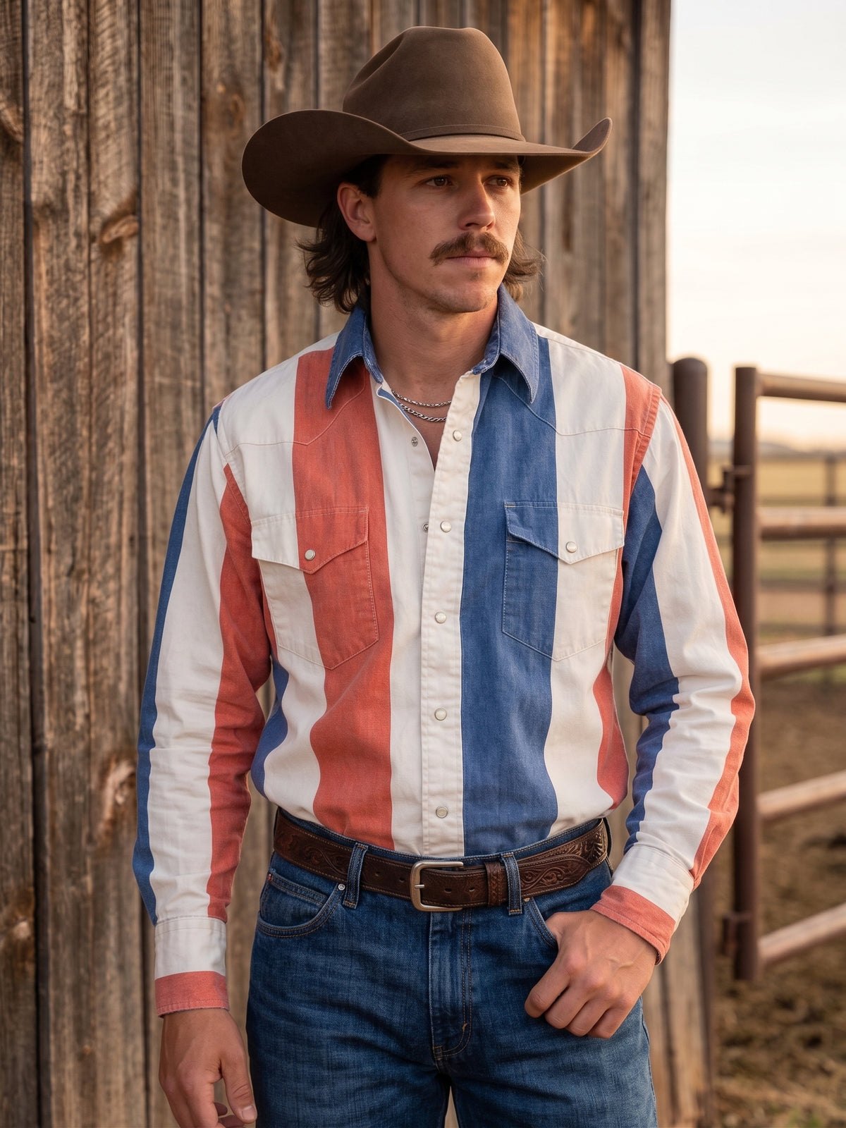 Men's red, white, and blue striped 100% cotton Western pearl snap shirt front view