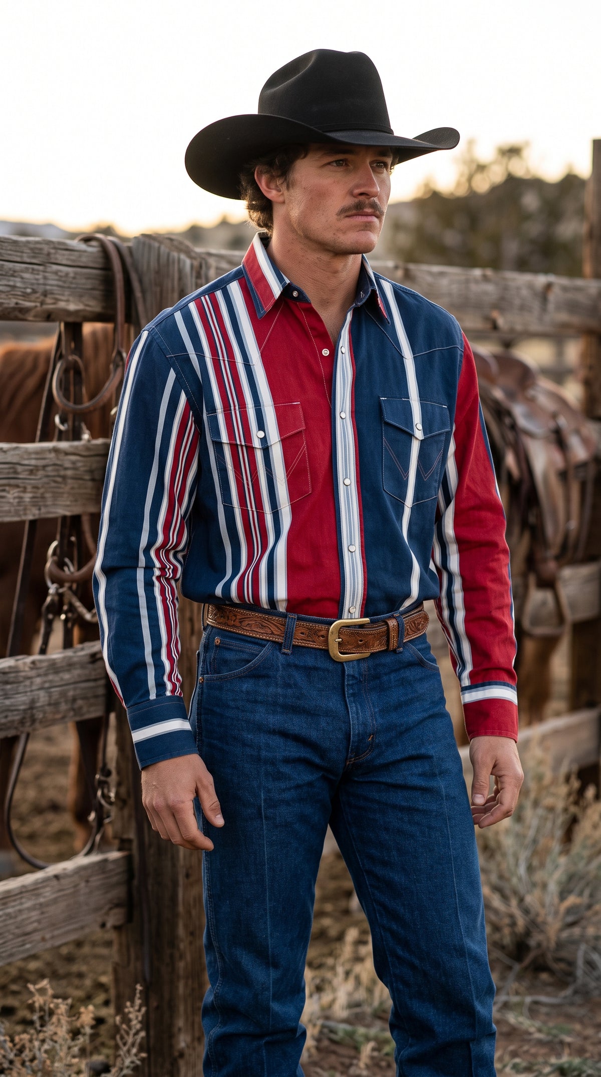 Men's red white and blue striped pearl snap western shirt front view