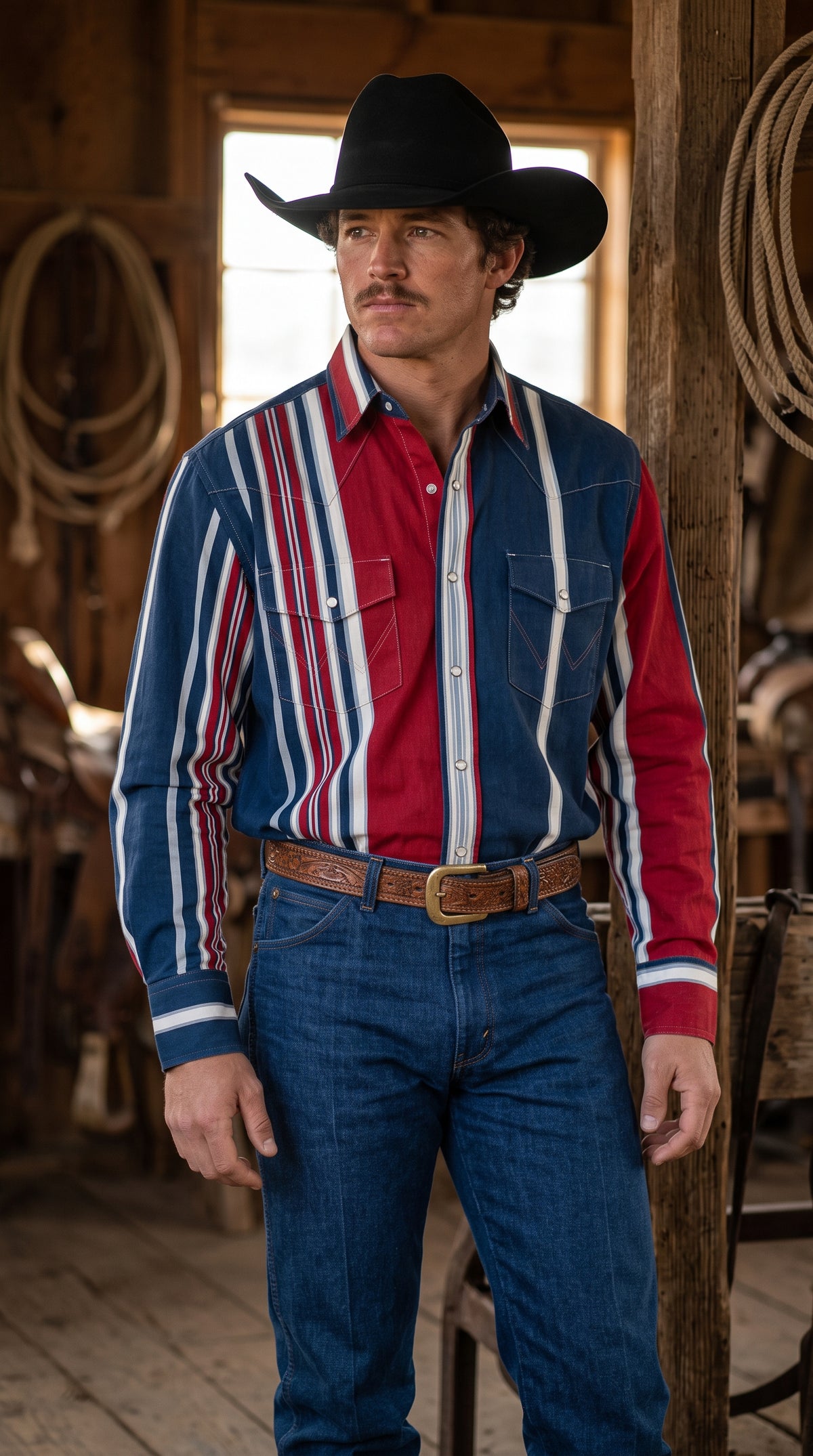 Single-point back yoke on men's striped western shirt