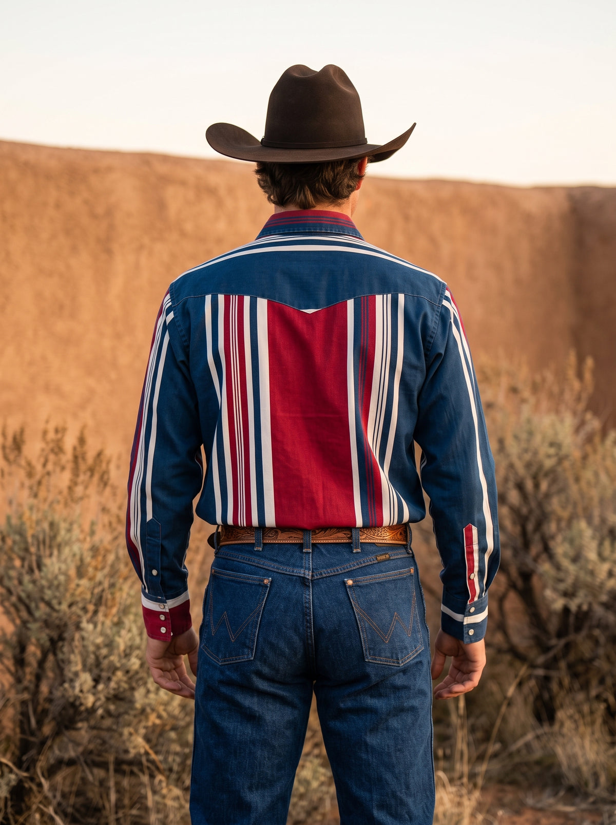 Men's americana striped western shirt tucked into dark blue denim