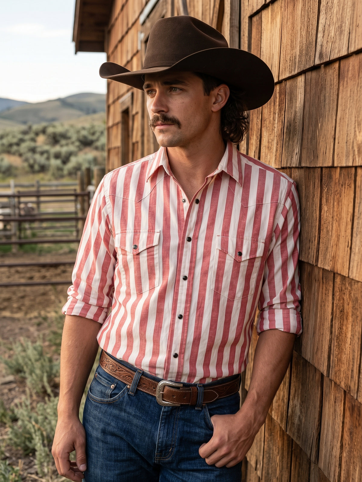 Front view of cowboy wearing Pecos Western red and white striped pearl snap shirt leaning against rustic barn siding