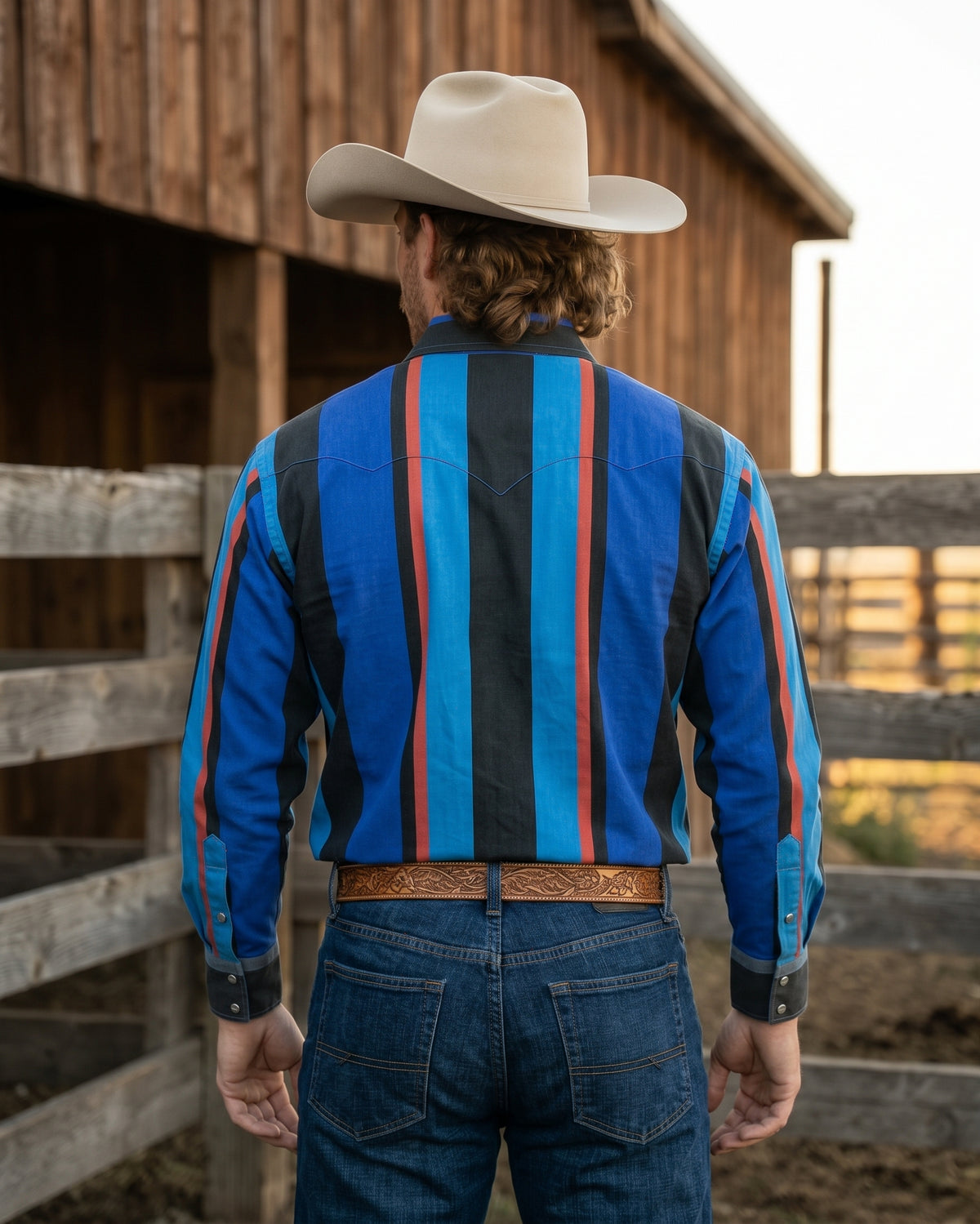 Rear view of man wearing Pecos Western royal blue and turquoise vertical striped Western shirt showing the back yoke seam