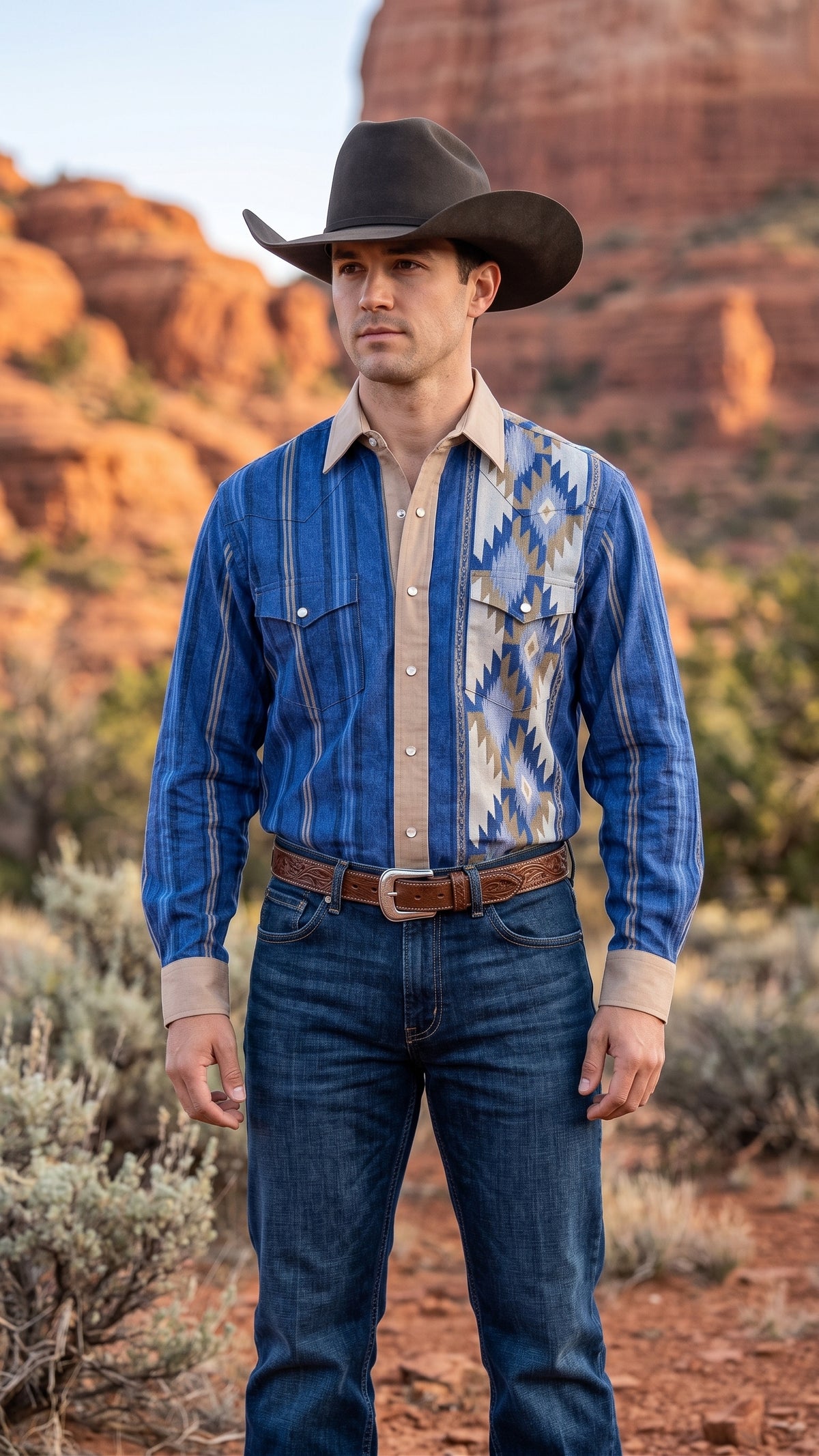 Front view of men's royal blue western shirt with sand tan collar, chest flap pockets, and geometric Southwestern panel