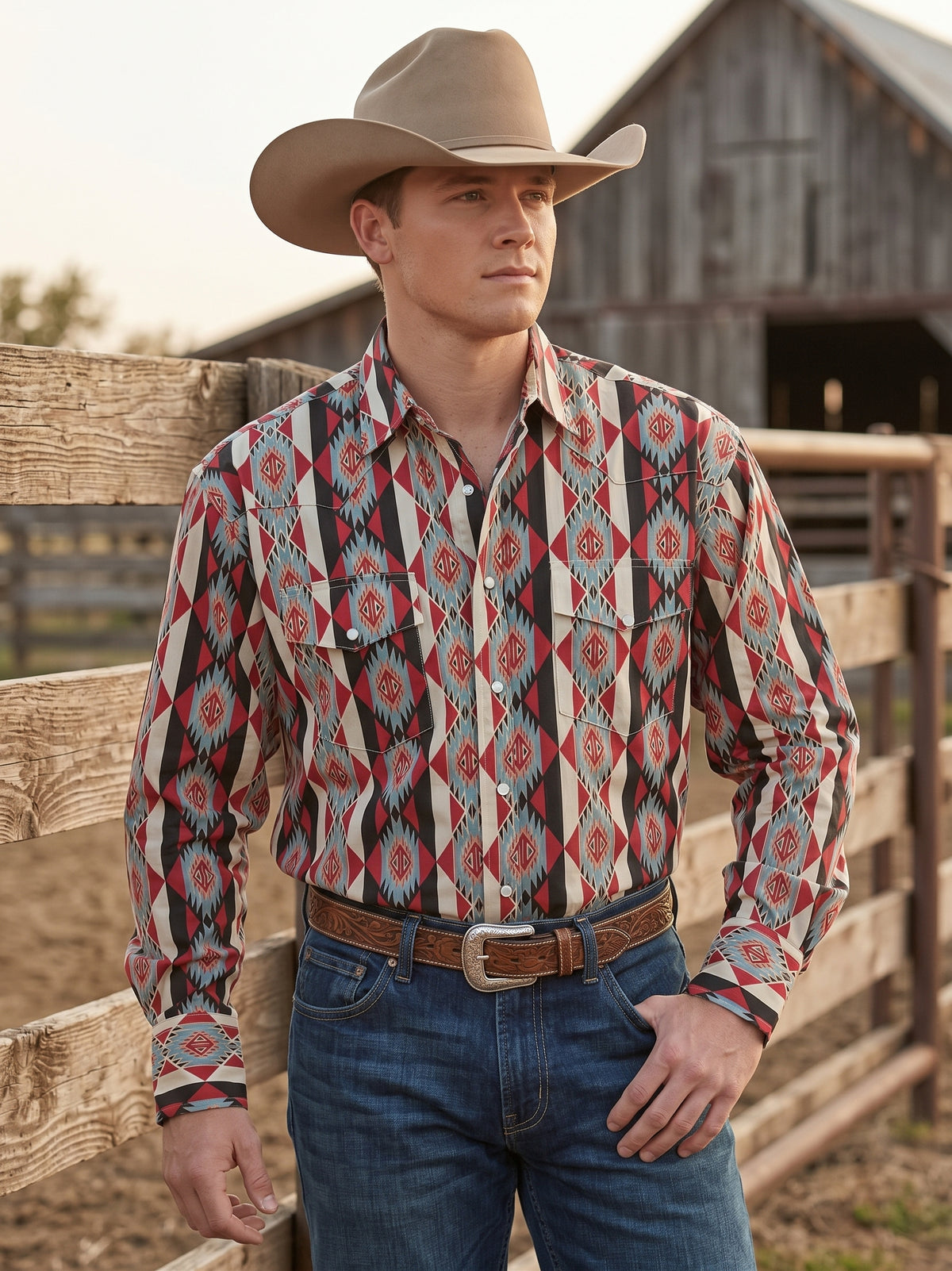 Front view of cowboy wearing Pecos Western rust red and blue Southwestern geometric pearl snap shirt by ranch corral