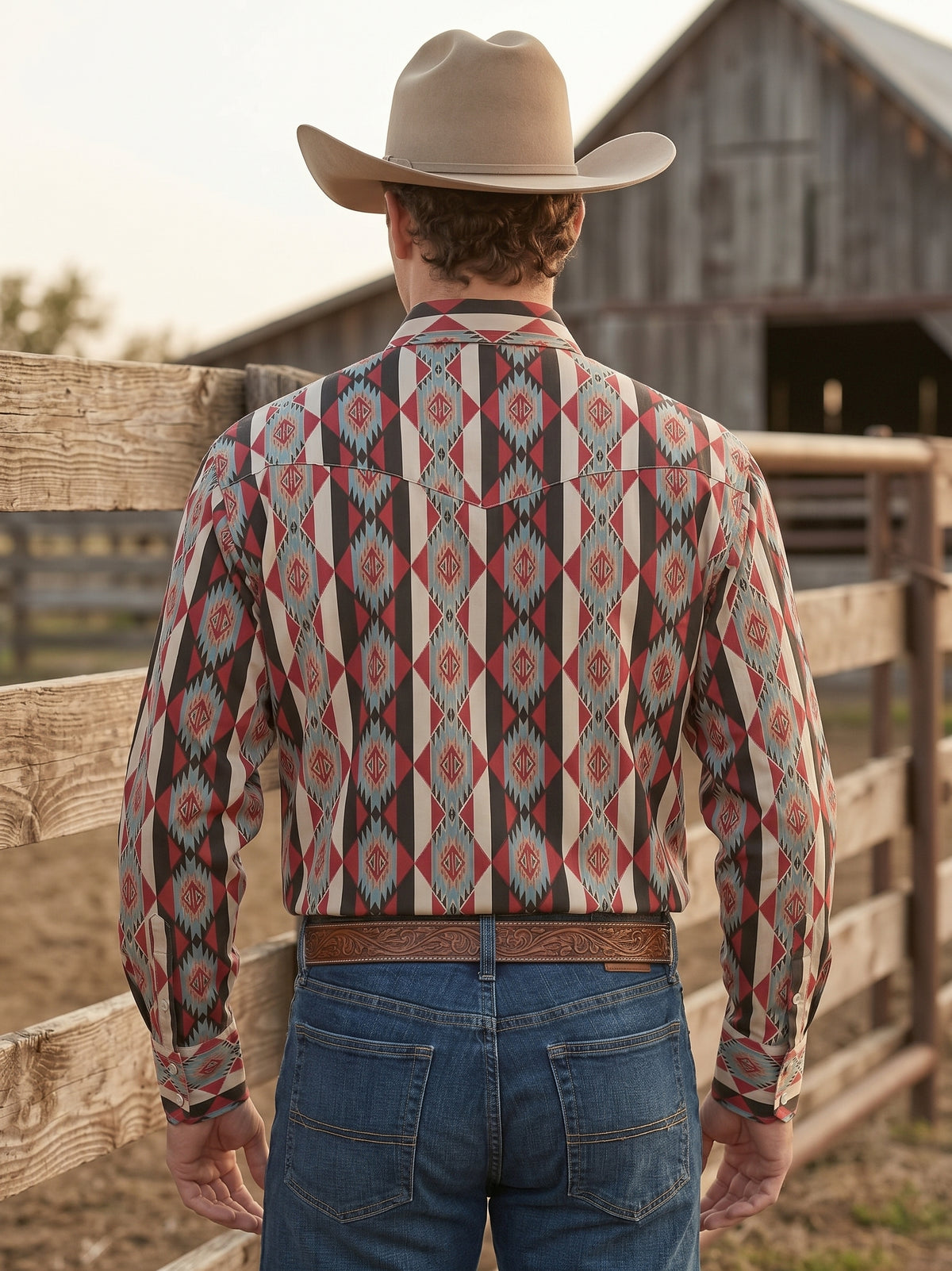 Rear view of man wearing Pecos Western Southwestern geometric diamond printed shirt showing back yoke construction