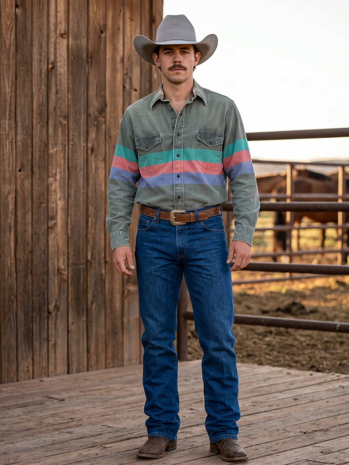 Front view of cowboy wearing Pecos Western sage green corduroy shirt with Southwestern chest stripe by horse corral