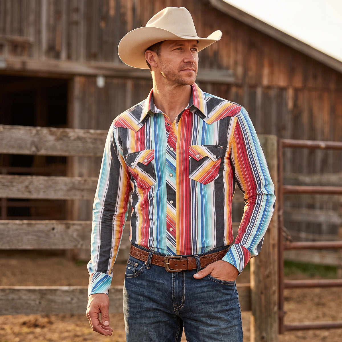 Front view of man wearing Pecos Western serape multi-stripe Western shirt with chevron chest pockets by ranch barn