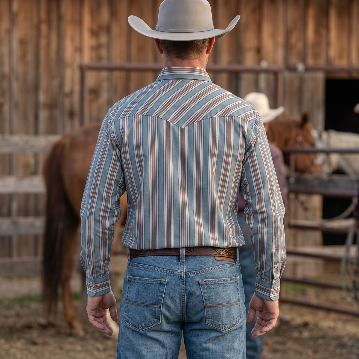 Rear view of man wearing Pecos Western slate blue and brown vertical striped Western shirt showing diagonal-cut back yoke