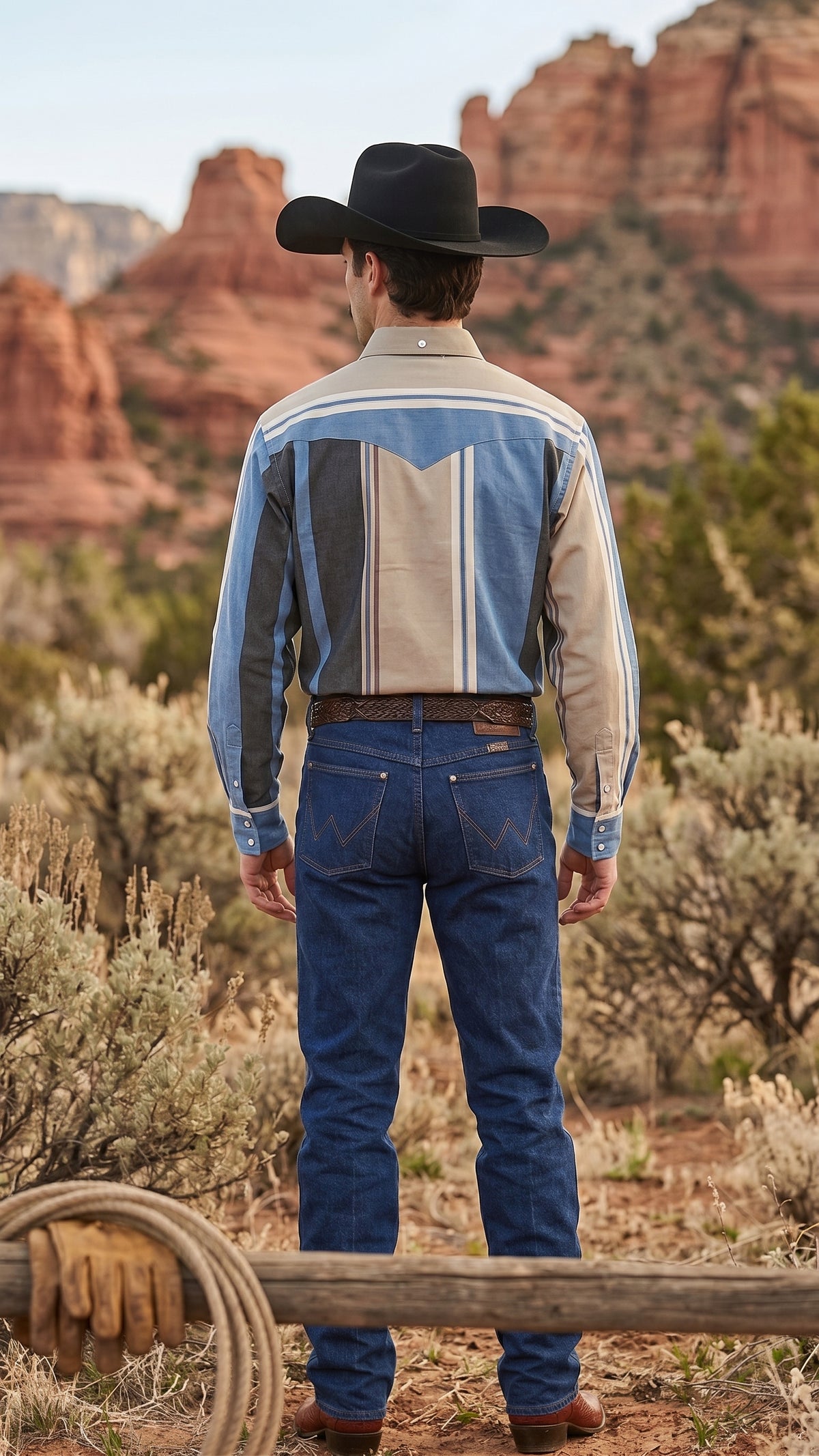 Back view showing the slate blue and sand peaked Western back yoke and vertical panel stripes