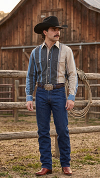 Men's Slate Blue and Sand Striped Pearl Snap Western Shirt