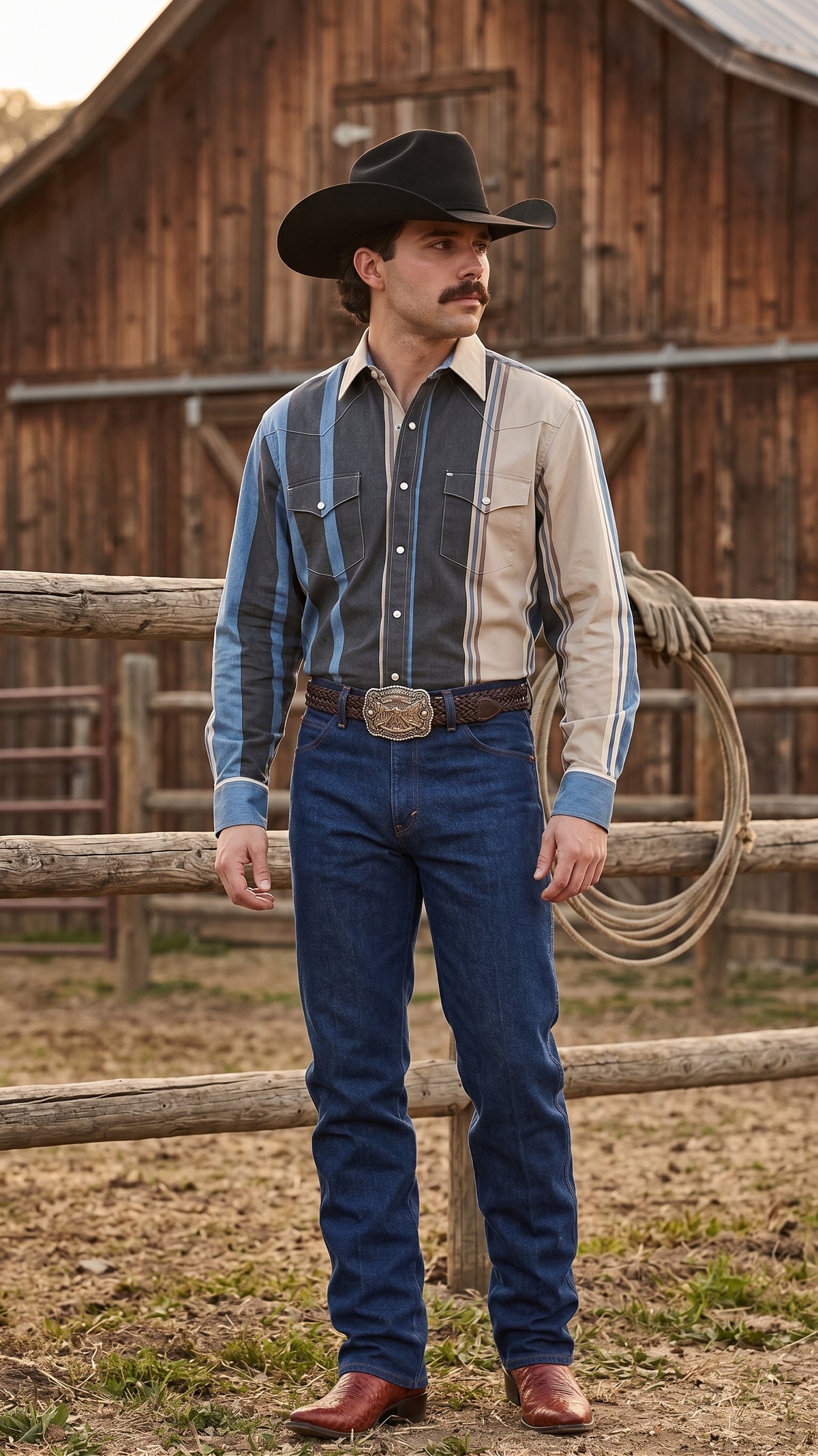 Front view of a man wearing the Pecos Western slate blue and sand striped pearl snap shirt in a red rock desert setting