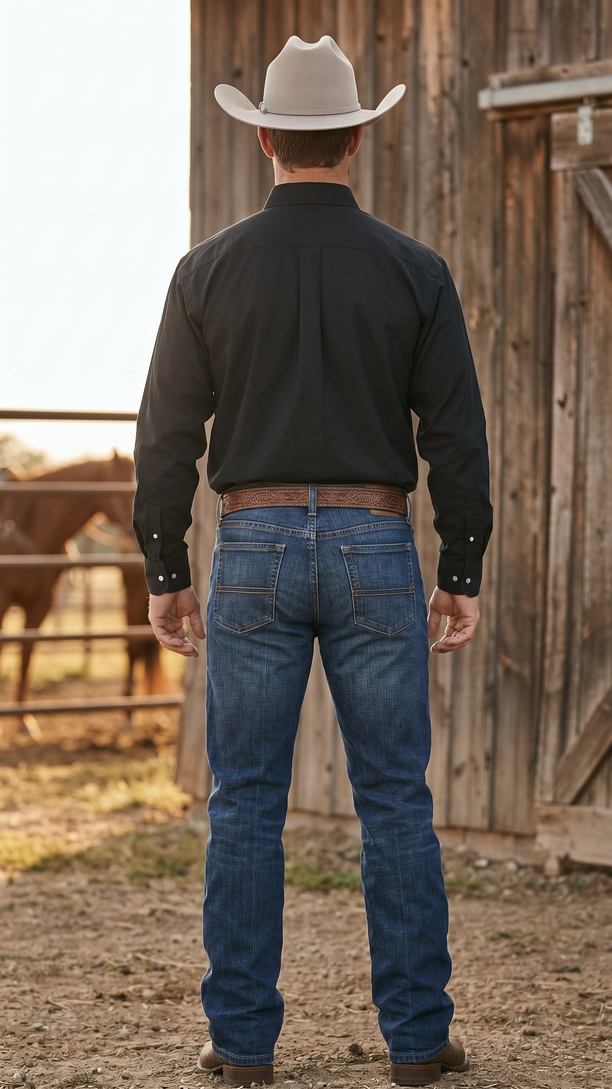 Rear view of cowboy wearing Pecos Western solid black long sleeve Western shirt showing clean back yoke and box pleat