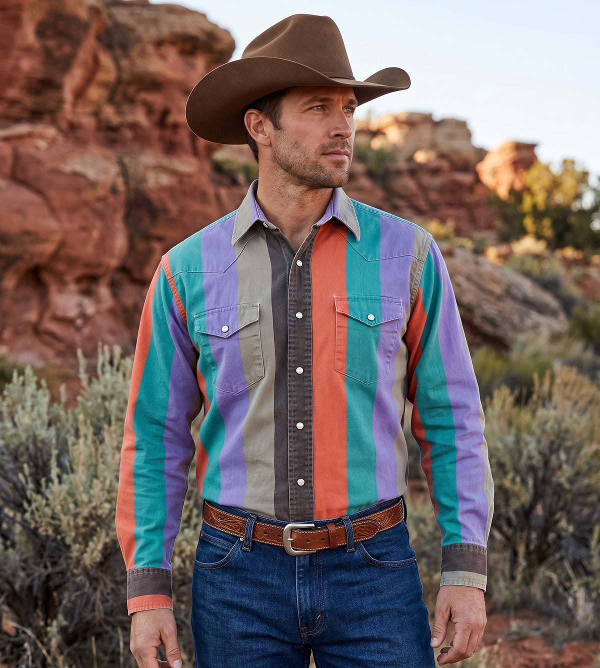Men's Southwest colorblock striped pearl snap Western shirt with chest flap pockets worn with cowboy hat