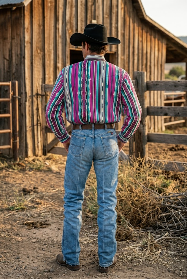 Back view of men's Southwestern stripe Western shirt showing classic curved Western yoke detailing