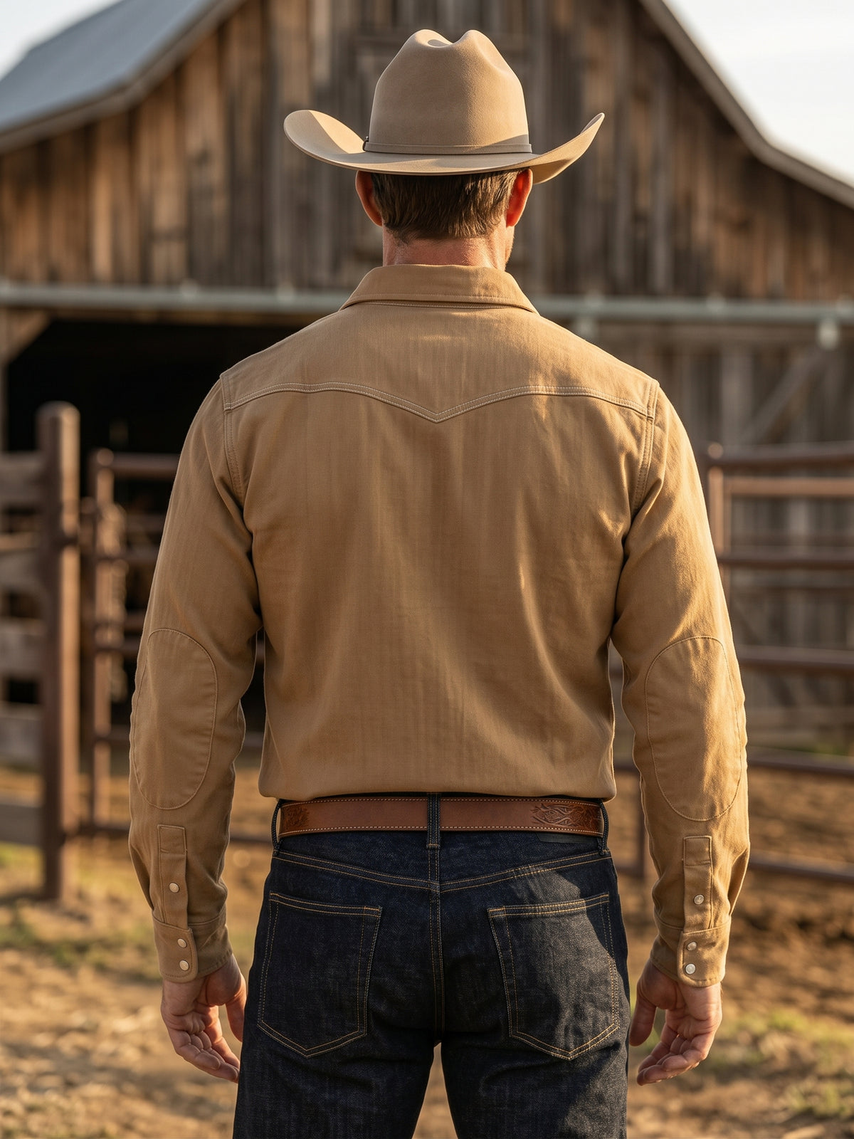 Rear view of man wearing Pecos Western tan canvas western shirt showing elbow patch reinforcements and single-point back yoke