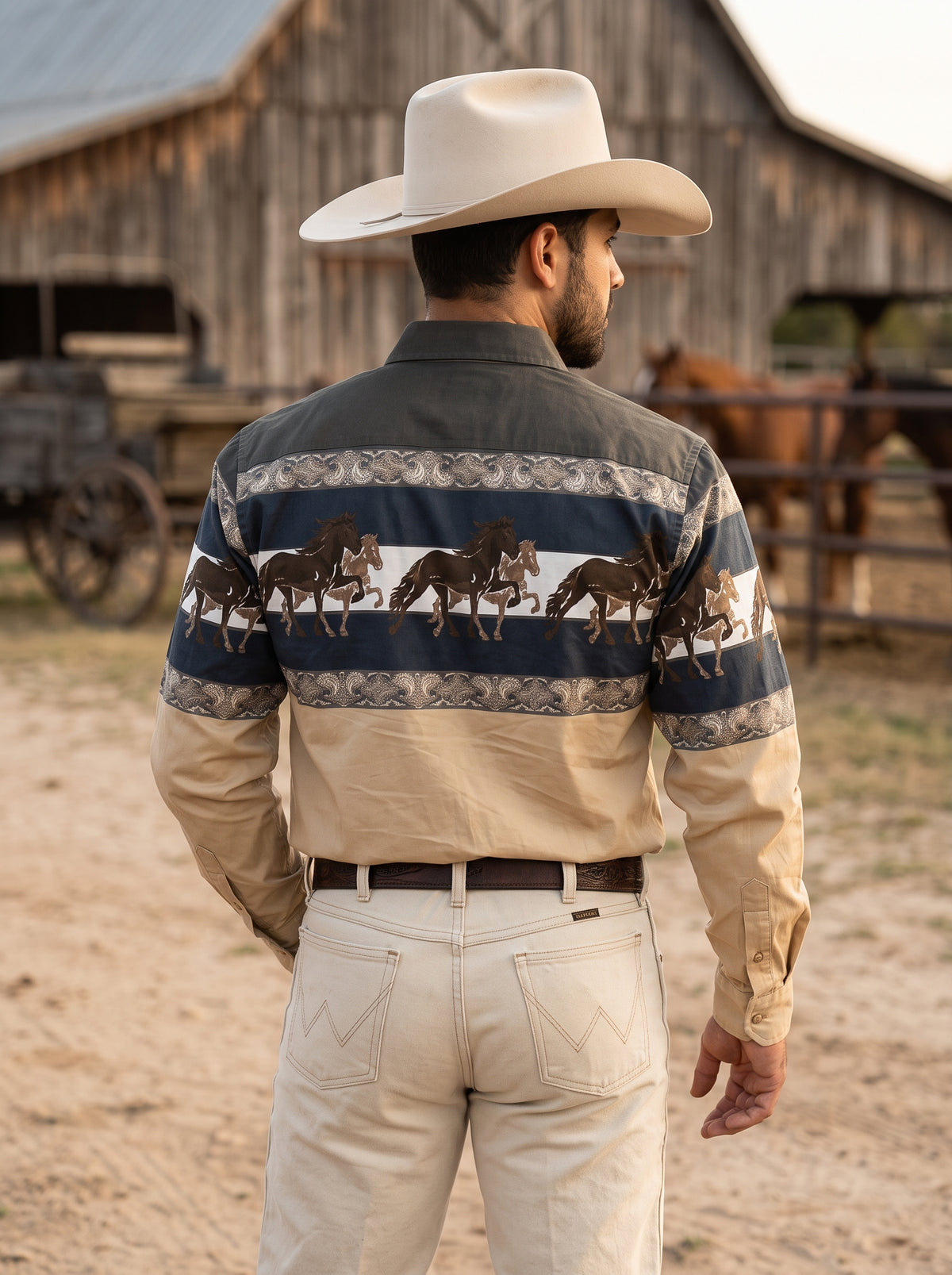 Rear view of men's tan Western shirt showing continuous running horse print and contrast yoke