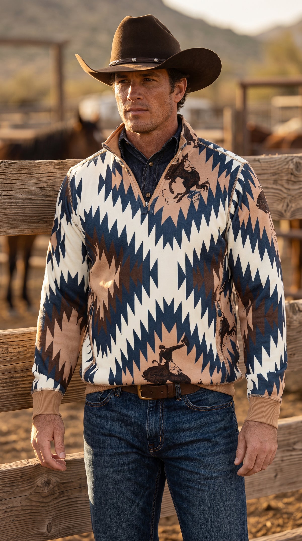 Front view of Pecos Western men's tan southwest geometric western shirt with bronco prints