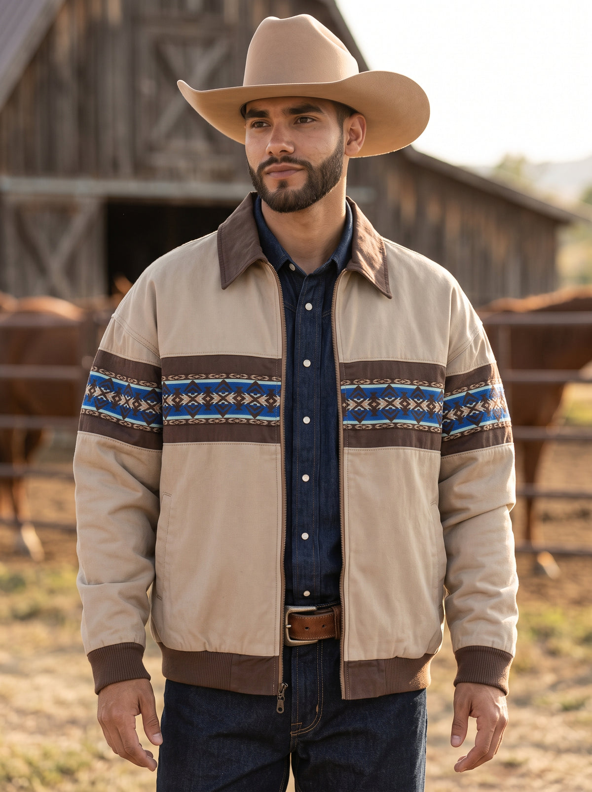 Men's tan Western bomber jacket with blue Southwestern Aztec horizontal chest band and front zip