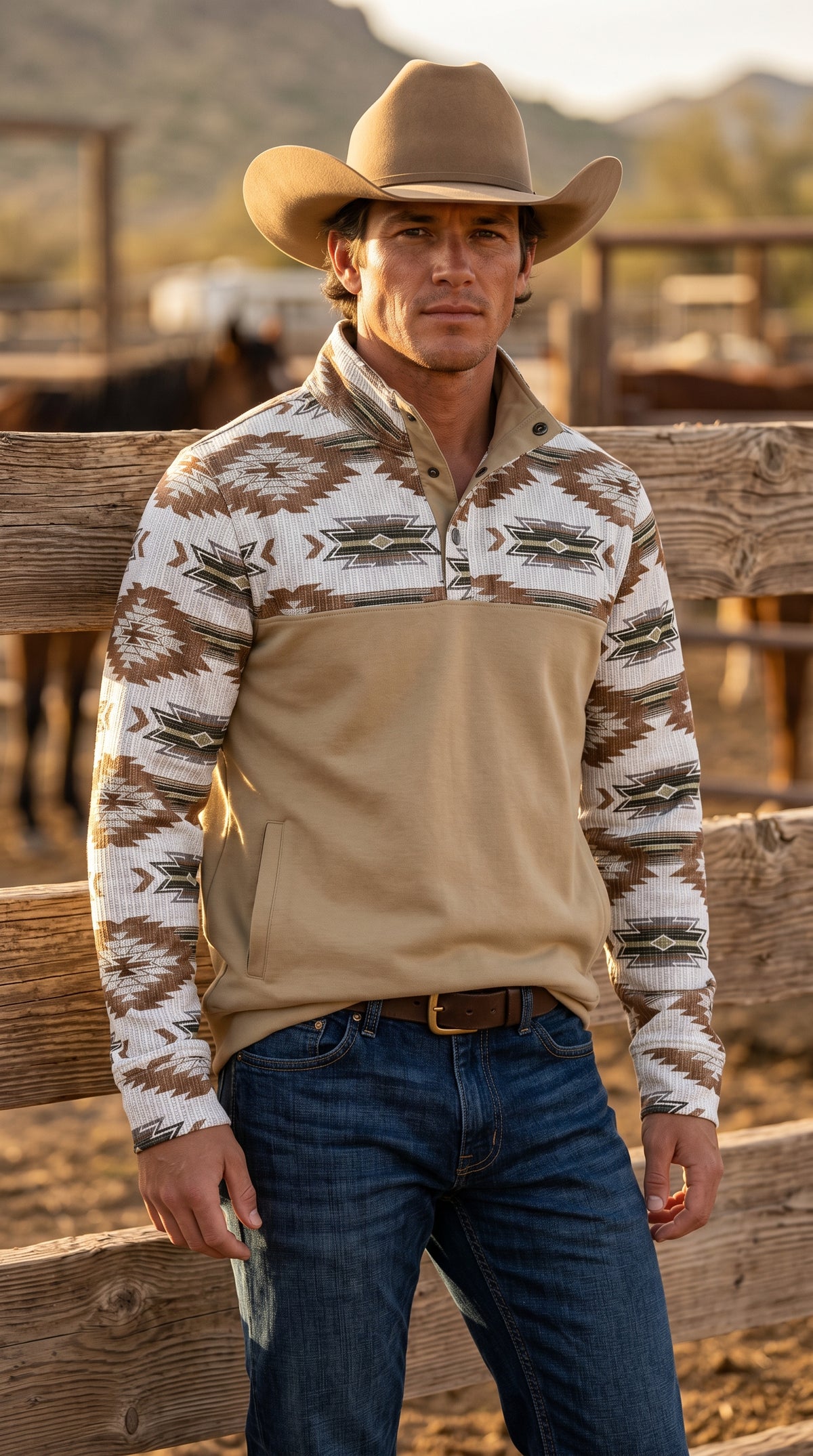Men's tan southwestern geometric snap mock neck western pullover shirt front view paired with blue jeans and cowboy hat