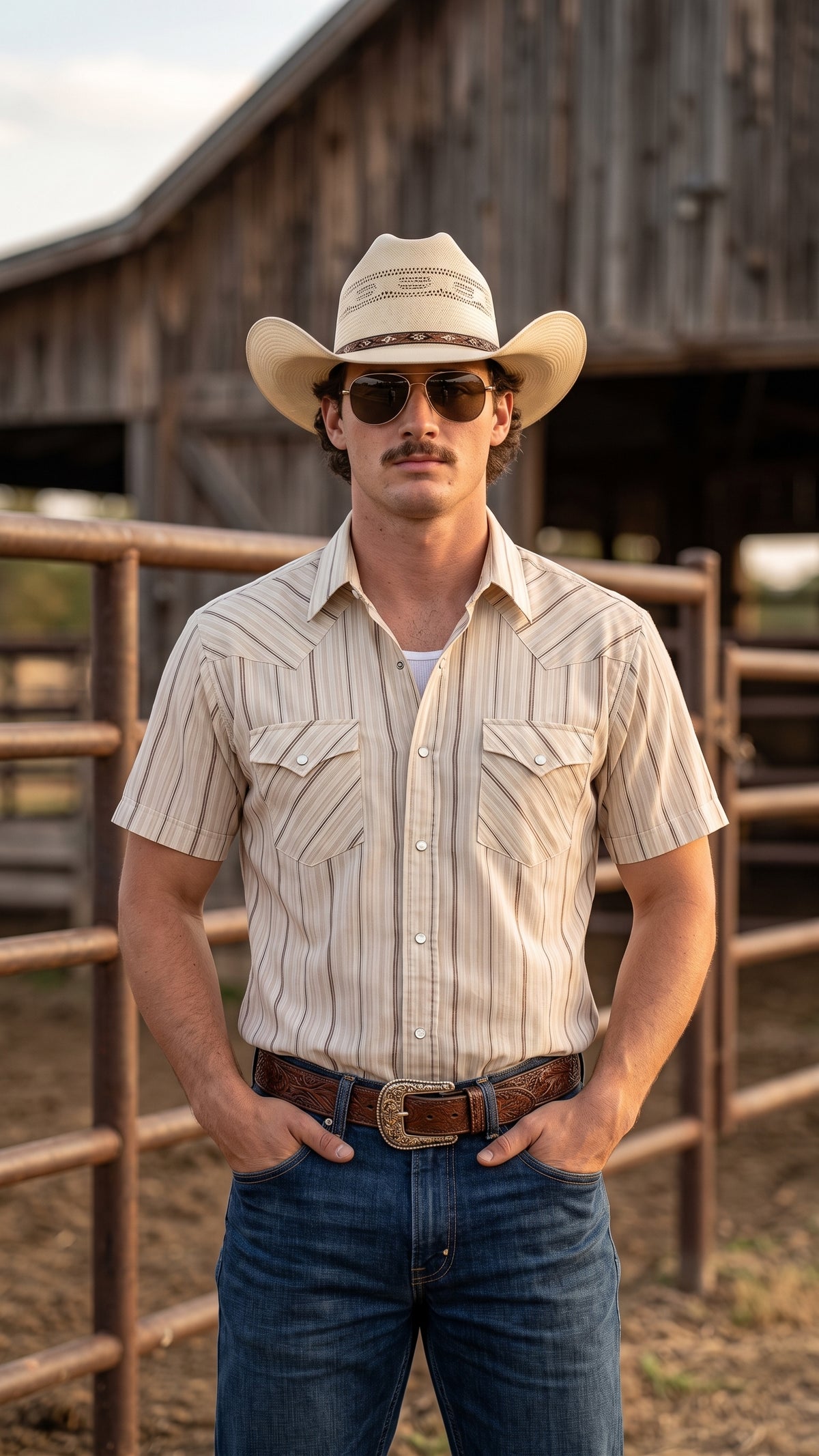 Front view of men's tan striped short sleeve pearl snap western shirt