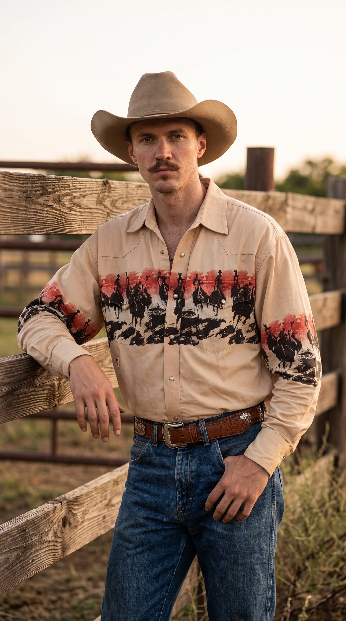 Front view of a cowboy wearing a men's tan pearl snap Western shirt with a scenic sunset cowboy horizon print leaning against a corral fence