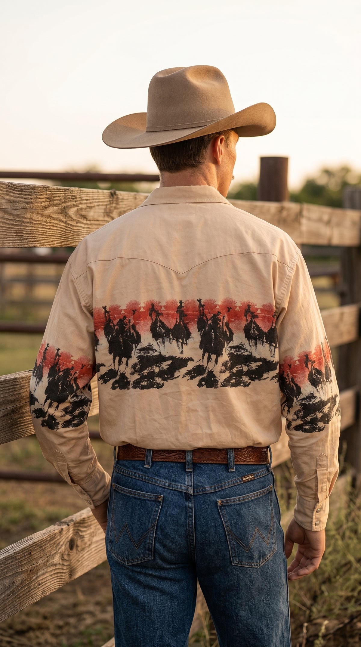 Back view of a cowboy in a tan Western shirt displaying the continuous scenic cowboy silhouette band below the classic curved Western yoke