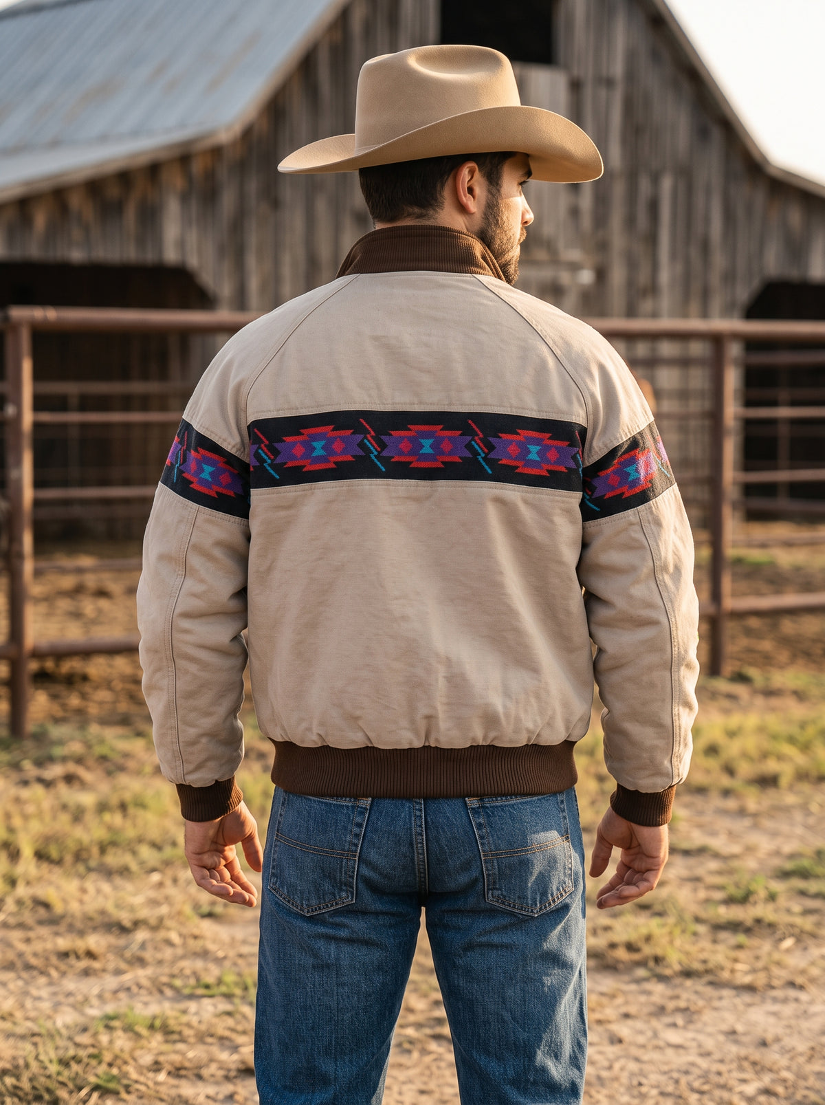 Rear view of men's tan Western jacket showing continuous horizontal tribal stripe and dark brown ribbed hem