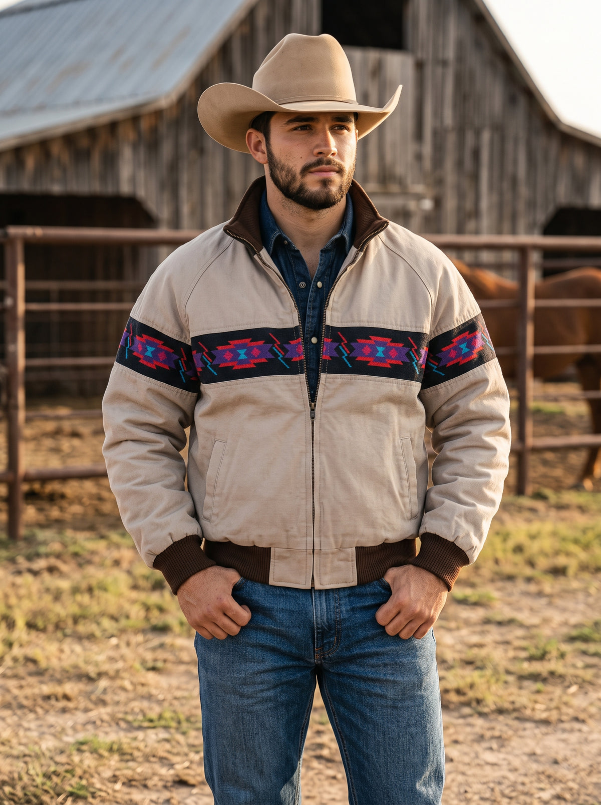 Men's tan Western bomber jacket with red and turquoise tribal geometric chest stripe and zipper front