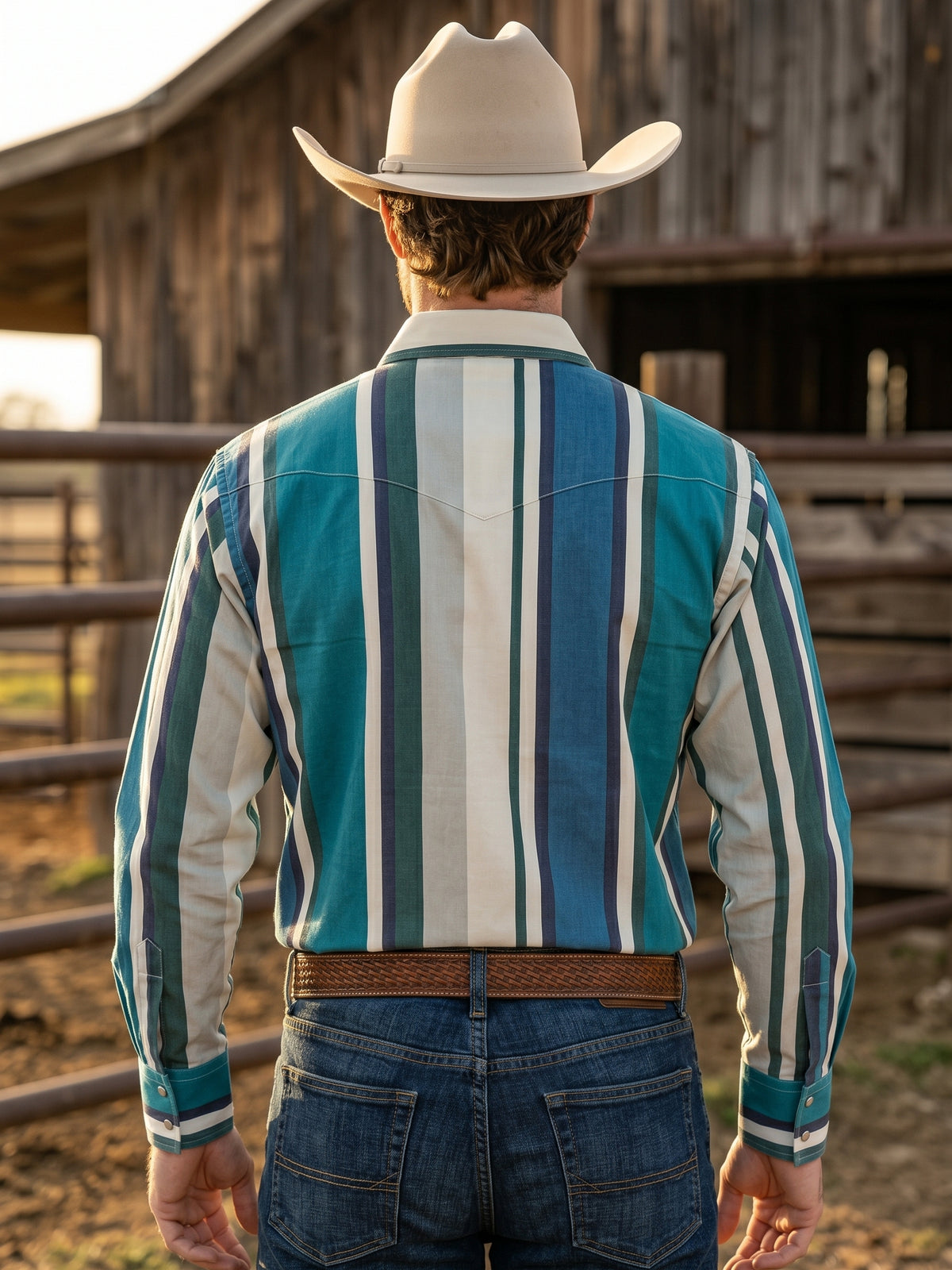 Rear view of cowboy wearing Pecos Western teal, blue, and cream vertical striped shirt showing single-point back yoke