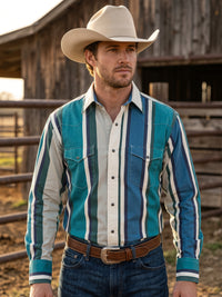 Men's Teal Blue Striped Pearl Snap Western Shirt