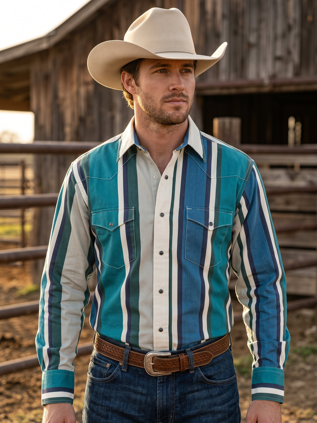 Front view of man wearing Pecos Western teal and steel blue striped pearl snap Western shirt by ranch corral
