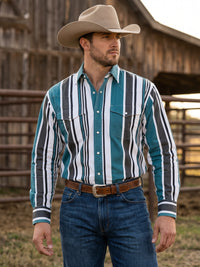 Men's Teal Charcoal Striped Pearl Snap Western Shirt