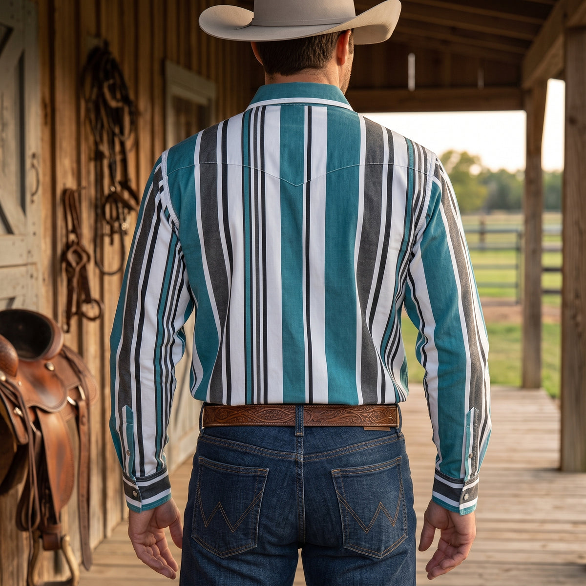 Rear view of man wearing Pecos Western teal and charcoal vertical striped Western shirt showing single-point back yoke