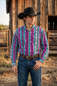 Men's Teal Magenta Southwestern Stripe Pearl Snap Western Shirt