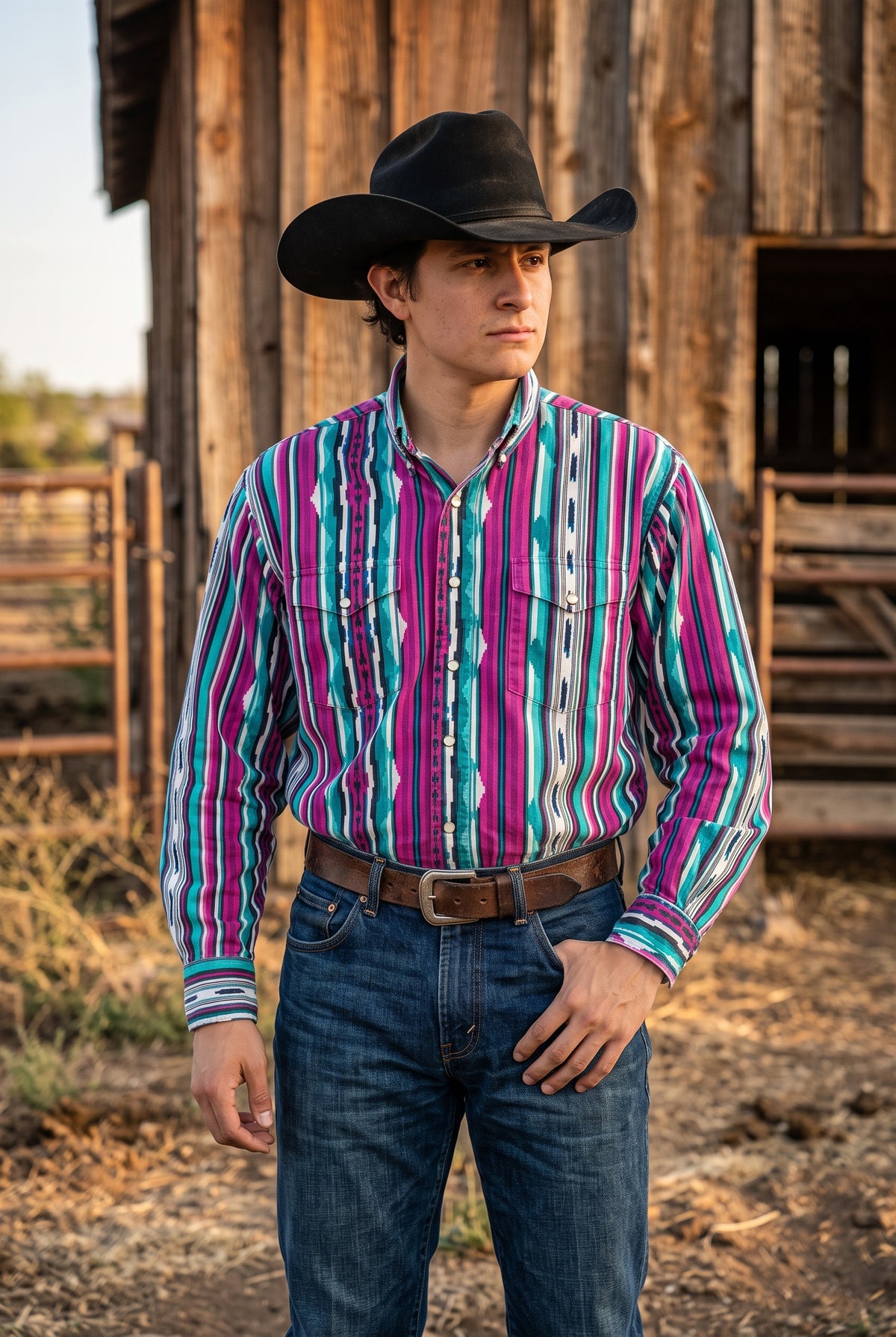 Men's teal and magenta Southwestern stripe pearl snap Western shirt worn by a cowboy in front of a rustic wooden barn