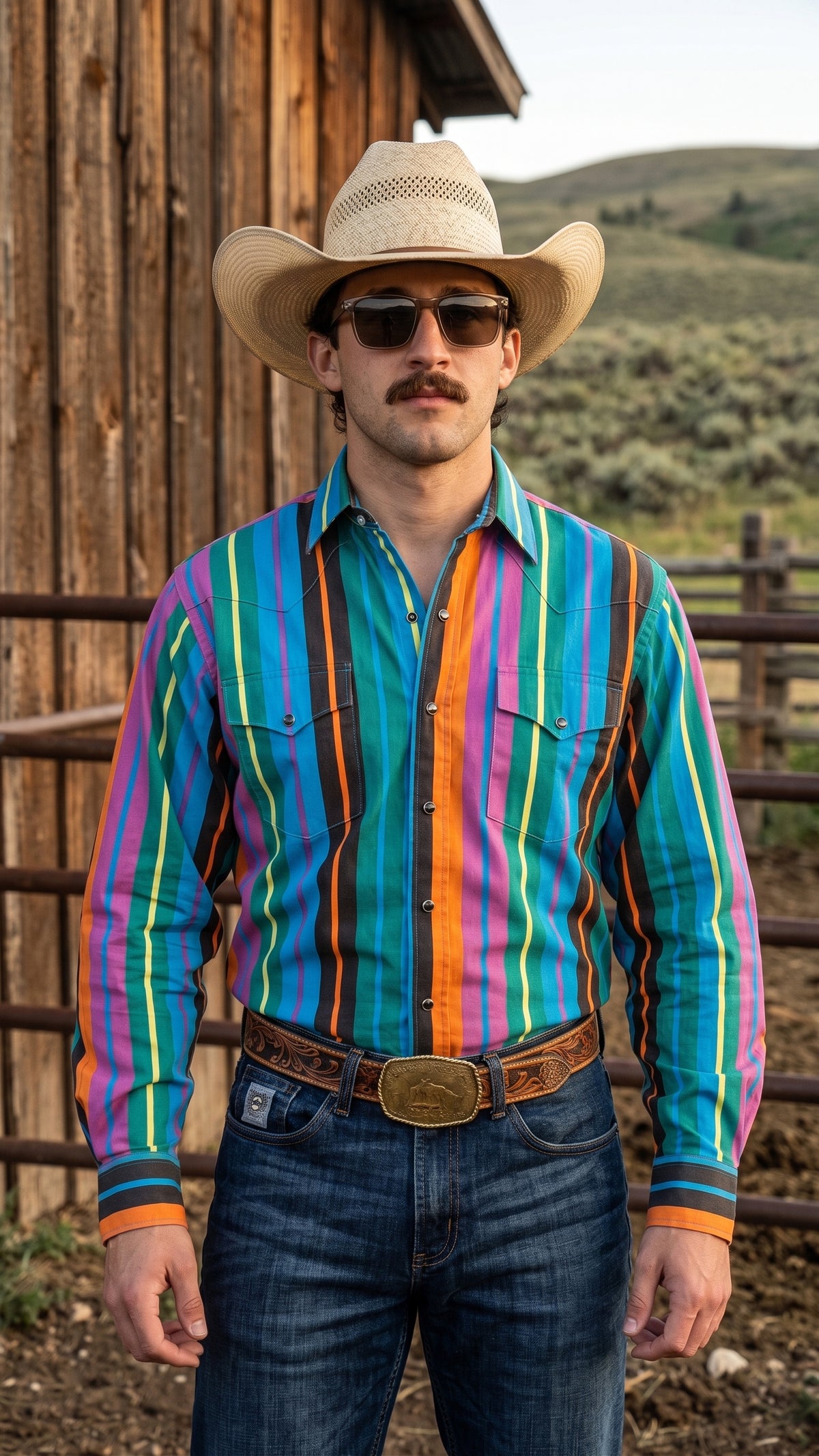 Front view of men's teal multi-color striped pearl snap western shirt showing pointed yokes and chest flap pockets