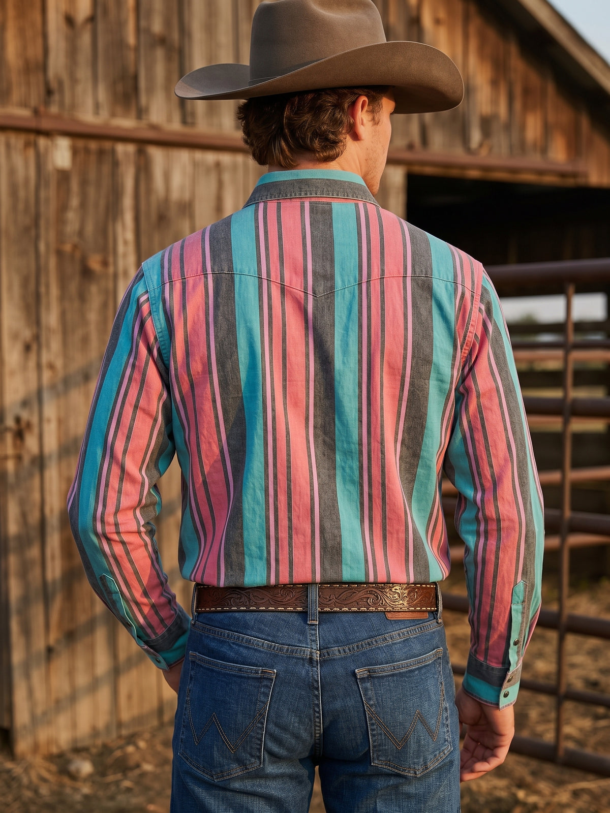 Back view of men's teal and pink striped Western shirt showing single-point back yoke