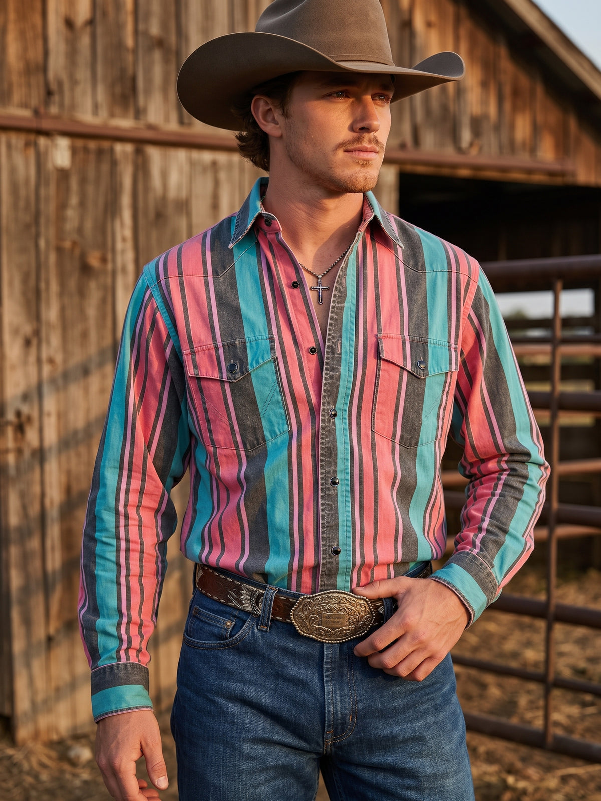 Front view of men's teal and pink striped pearl snap Western shirt
