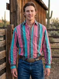 Men's Teal Pink Striped Pearl Snap Western Shirt