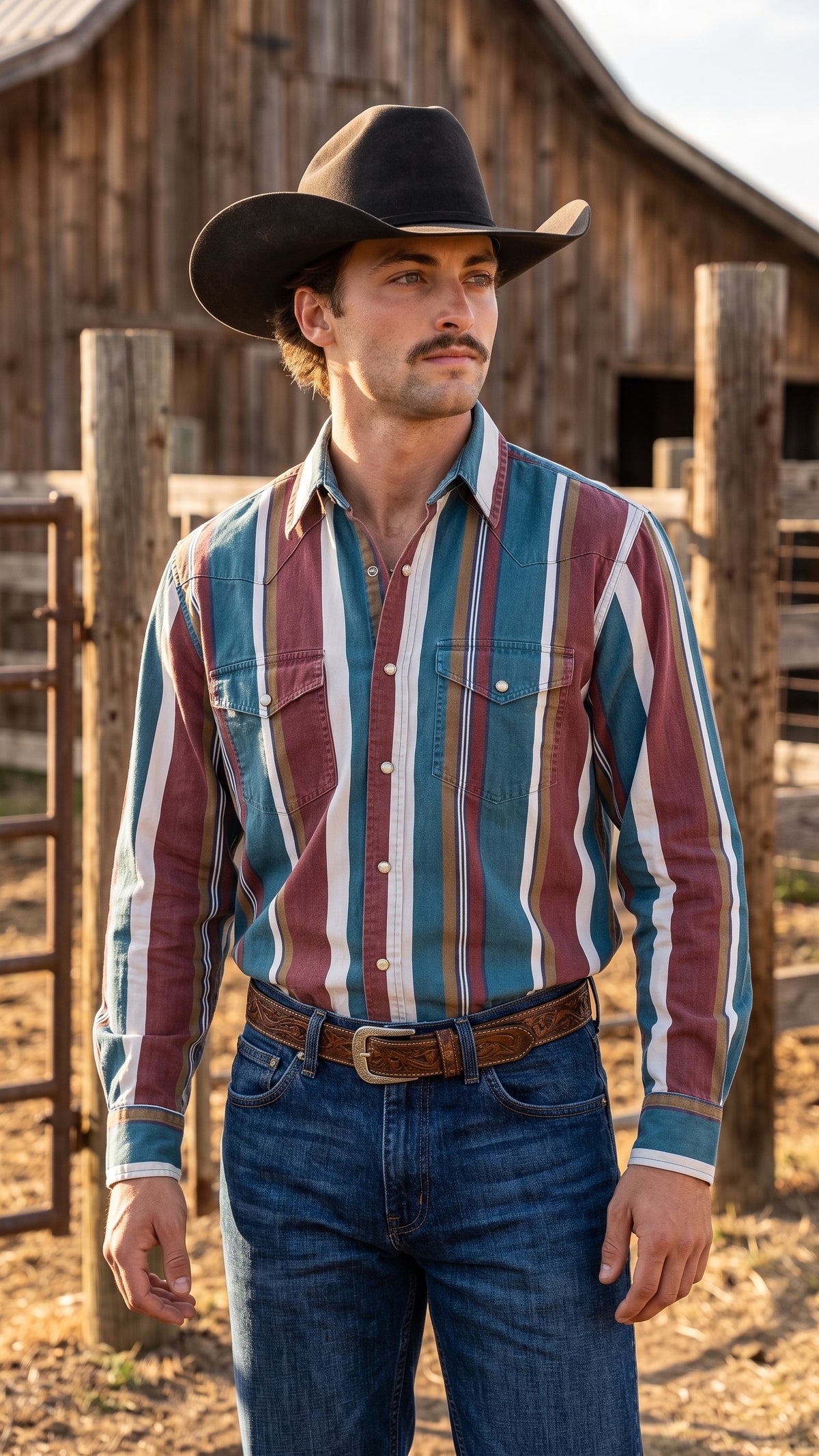 Men's teal and rust striped pearl snap western shirt featuring single-point front yokes and chest flap pockets