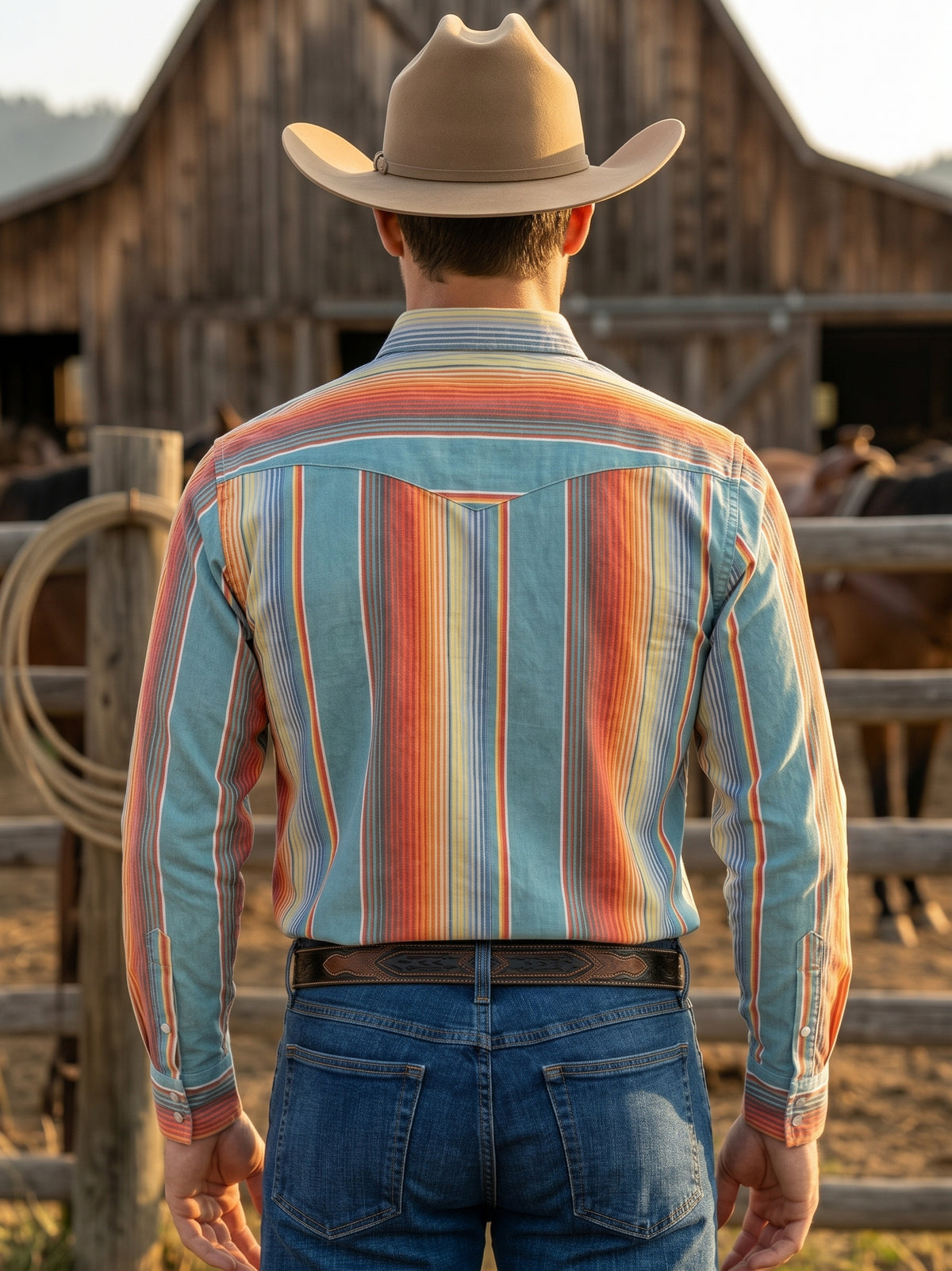 Rear view of men's teal sunset serape striped Western shirt showing horizontal shoulder stripes and pointed back yoke