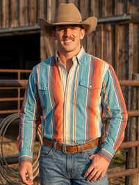 Men's Teal Sunset Serape Striped Pearl Snap Western Shirt